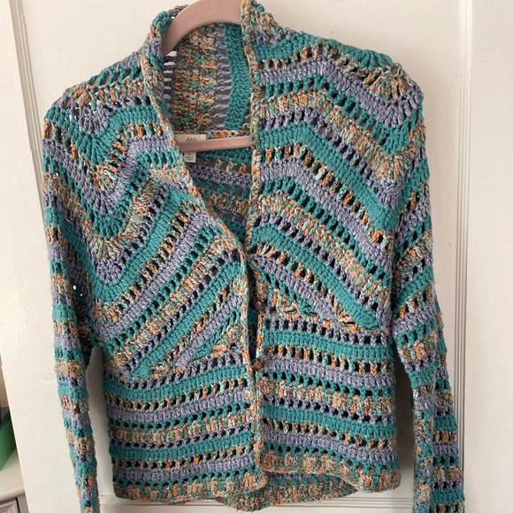 J. Jill Jackets & Blazers - J Jill Hand Crochet Blazer coat Teal Multi color yarn L